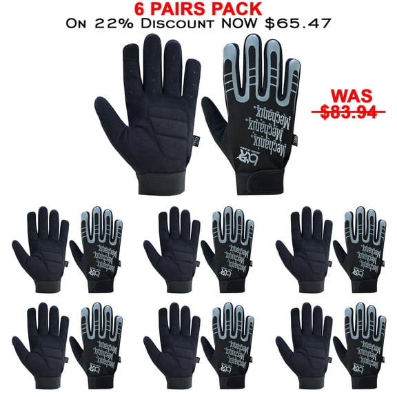 6 Pairs Pack Mechanic Work Gloves Heavy Duty Touch Screen Safety Welding Construction Work Gloves Black-S