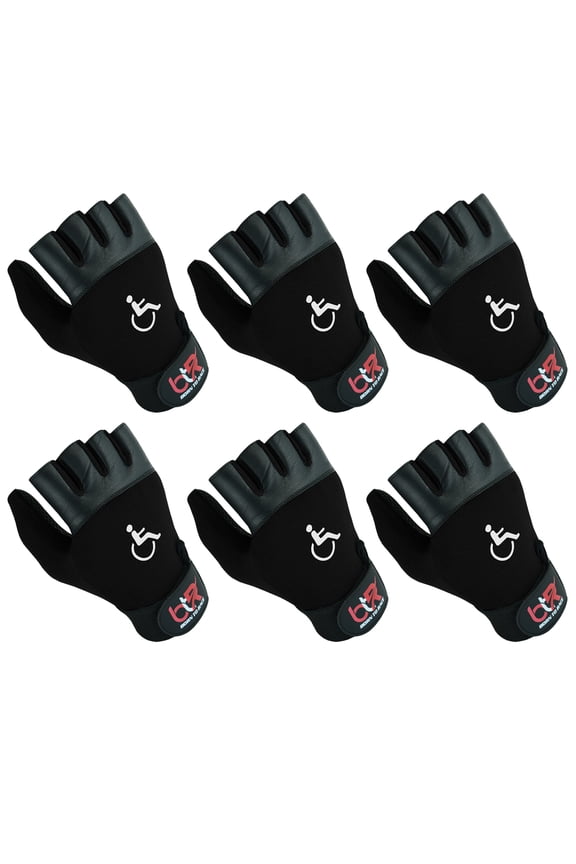 6 Pairs Pack Set Wheelchair Gloves Mobility Disability Workout Fingerless Long Thumb Leather Palm Gloves Black-2XL