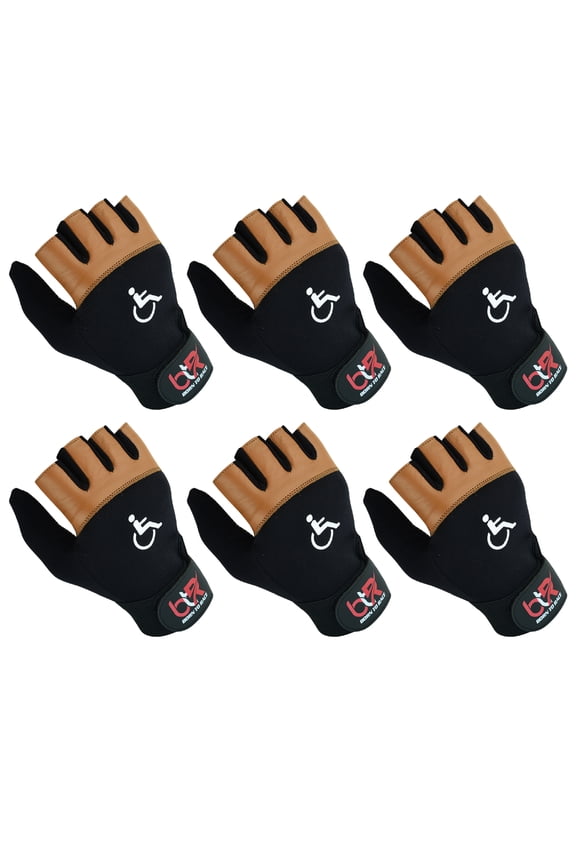 6 Pairs Pack Set Wheelchair Gloves Mobility Disability Workout Fingerless Long Thumb Leather Palm Gloves Black/Brown-XS