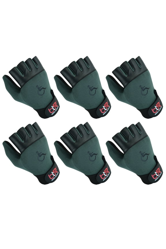 6 Pairs Pack Set Wheelchair Gloves Mobility Disability Workout Fingerless Long Thumb Leather Palm Gloves Black/GREY-XL