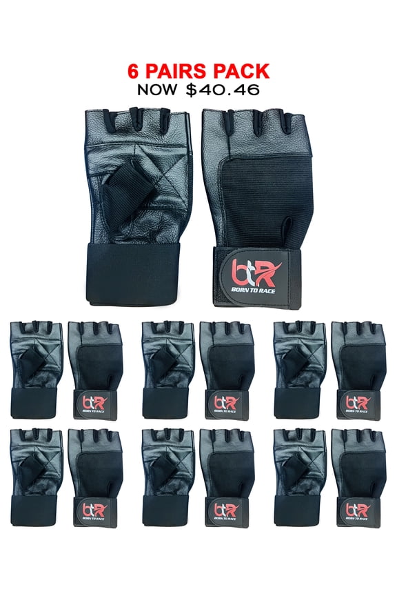 6 Pairs Pack Weight Lifting Gloves Long Wrist Wrap Genuine Cowhide Leather Power Lifting, Gym Fitness, Workout Gloves Black-M