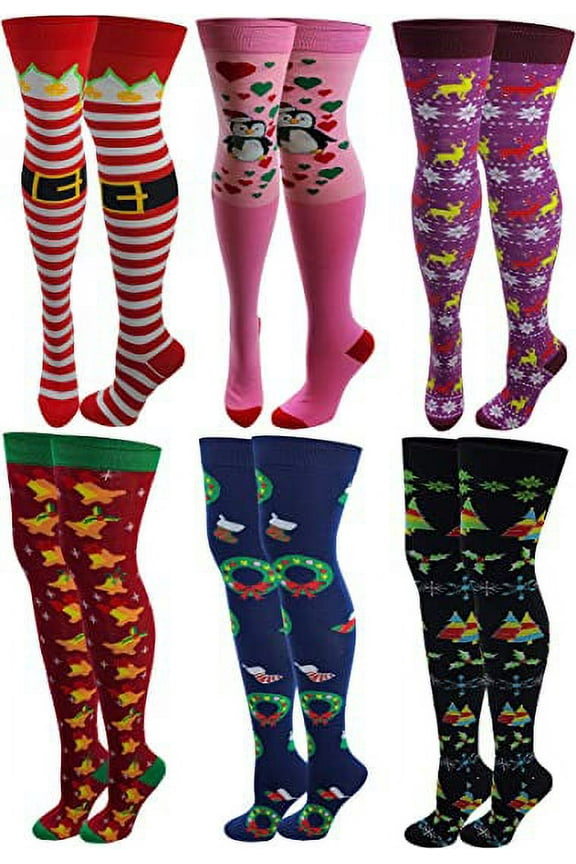 6 Pairs Pack Women Christmas Assorted Design Thigh High Over the Knee Socks