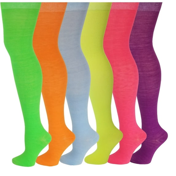 6 Pairs Pack Women Multi Neon Color Fancy Design Thigh High Over the Knee Socks Stockings