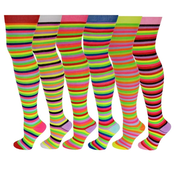 6 Pairs Pack Women Multi Neon Color Fancy Design Thigh High Over the Knee Socks Stockings