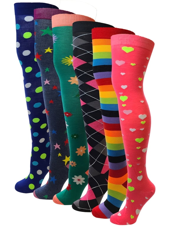 6 Pairs Pack Women Multi Neon Color Fancy Design Thigh High Over the Knee Socks Stockings