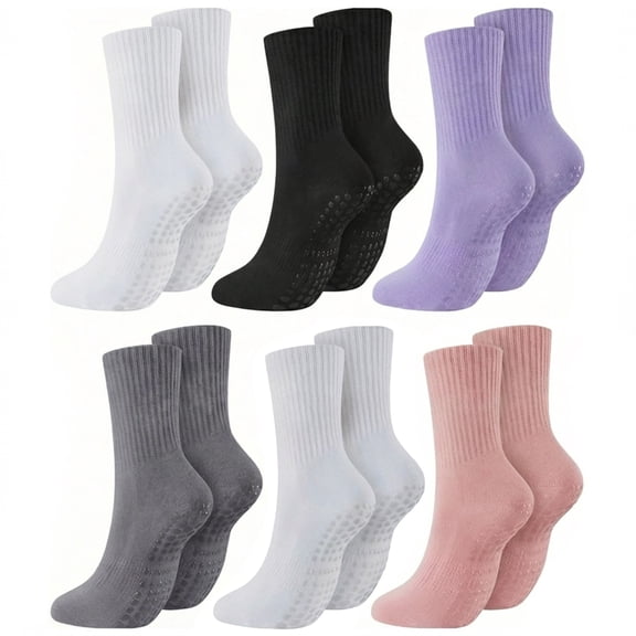 6 Pairs Pilates Socks, Yoga Socks for Women with Grips Soft Non Slip Crew, Cotton Athletic Socks for Gym Home