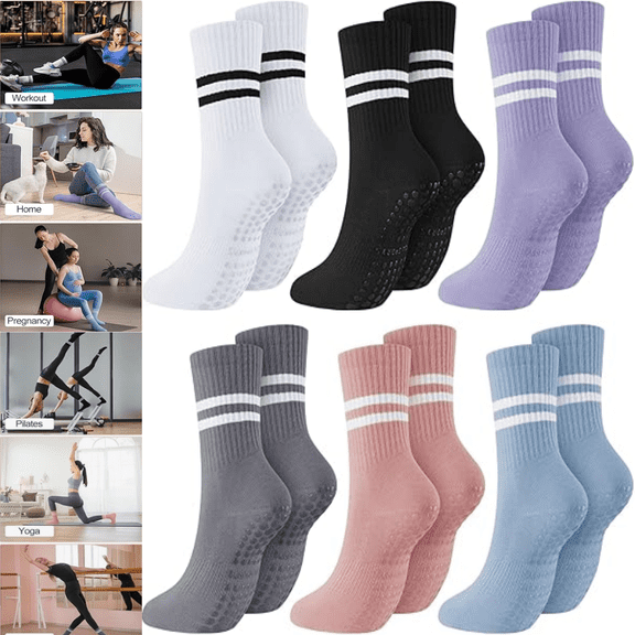 6 Pairs Pilates Socks with Grips for Women Non Slip Yoga Crew Socks for Barre Ballet Dance Barefoot Workout Hospital