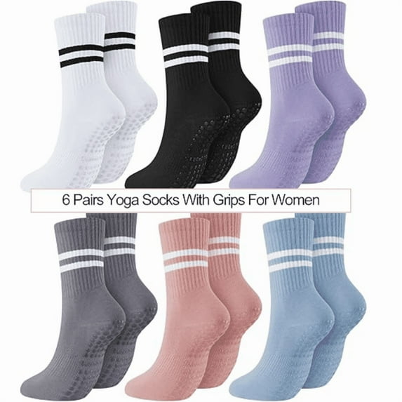 6 Pairs Pilates Socks with Grips for Women Non Slip Yoga Crew Socks for Barre Ballet Dance Barefoot Workout Hospital
