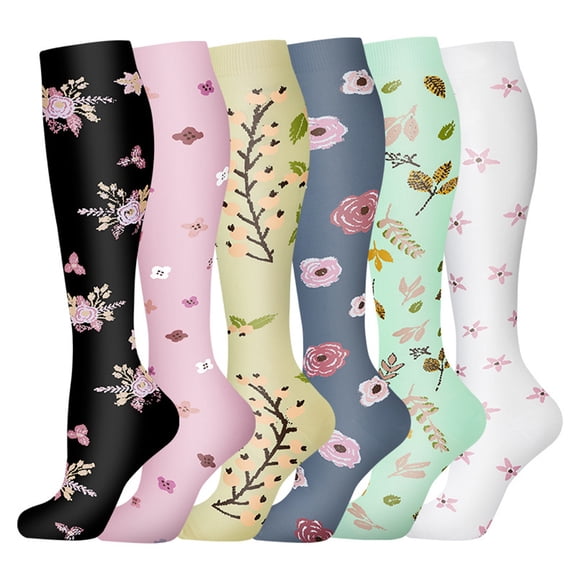 6 Pairs Plants Printed Men Womens Compression Socks Knee High Tube Socks Outdoor Sports Support Sock