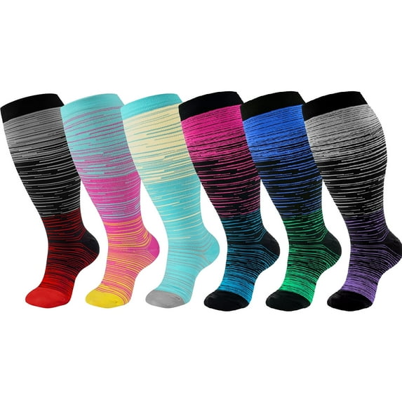 6 Pairs Plus Size Compression Socks Wide Calf for Women and Men 20-30 mmHg Extra Large Size Knee High Support Stockings(2XL-4XL)