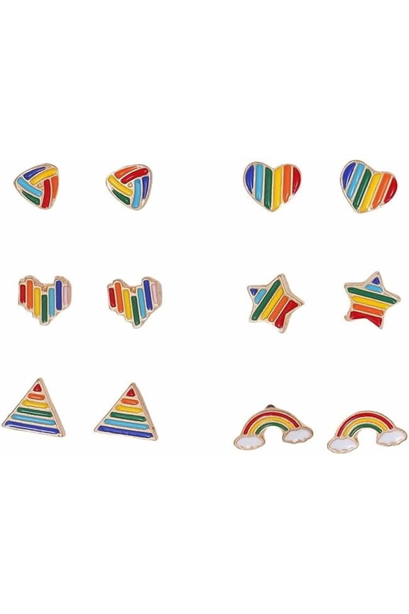 6 Pairs Rainbow Pride Stud Earrings Set for Women Men LGBTQ Colorful Gay Lesbian Pride Earring Tiny Triangle Star Heart Rainbow Enamel Jewelry