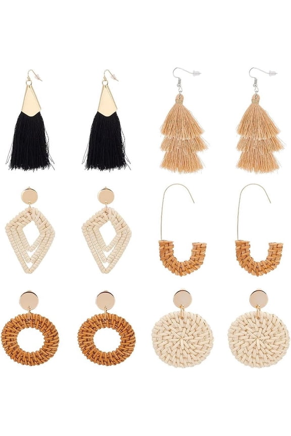6 Pairs Rattan Earrings Set for Women Lightweight Geometric Statement Earrings Teardrop Hoop Drop Dangle Earrings Earrings Handmade Straw Trendy for Christmas Wedding Gift for DIY
