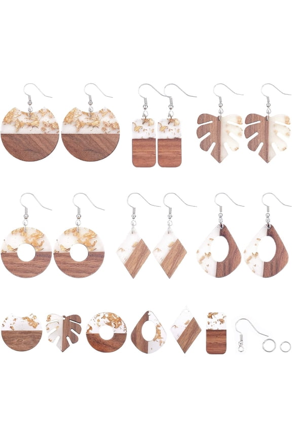 6 Pairs Resin Wood Dangle Drop Earring Making Starter Kit Round Rectangle Leaf Jewelry Pendants Making Supplies for Women Beginners Platinum