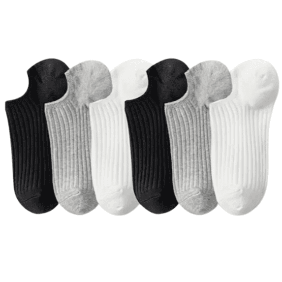 6 Pairs Ribbed No Show Socks Womens 5-10 Black Gray White