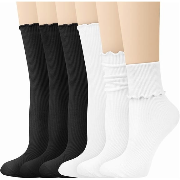 6 Pairs Ruffle Socks Soft Cute Frilly Turn-Cuff Long Casual Slouch Cotton Crew Socks for Women Gifts
