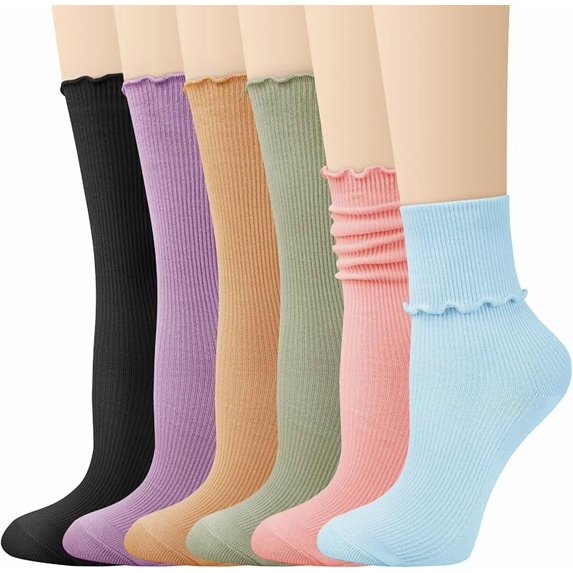 6 Pairs Ruffle Socks Soft Cute Frilly Turn-Cuff Long Casual Slouch Cotton Crew Socks for Women Gifts