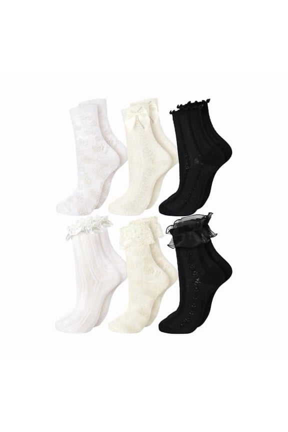6 Pairs Ruffle Socks Women Frilly Lace Ankle Socks Cream Lolita Princess Bow Breathable