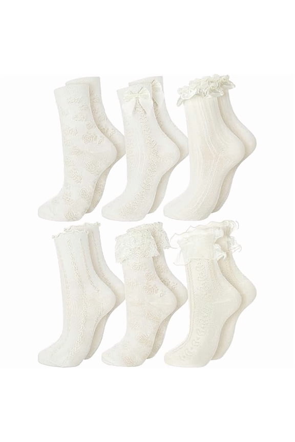 6 Pairs Ruffle Socks Women Frilly Lace Ankle Socks Cream Lolita Princess Bow Breathable