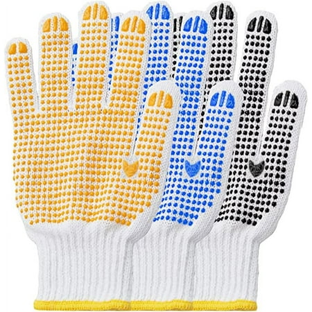 6 Pairs Safety Work Gloves Stretchy Cotton Blends Glove for Dry Hand - Men Women Anti-slip Dots Knit Gloves Moist Breathable Gloves for Garage Warehouse Garden BBQ Construction, One-Size