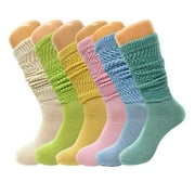 6 Pairs Scrunch Knee Socks with Thin Sole Colorful Shoe Size 5-10 (Ecru - Lemon Green - Limone - Pink - Light Blue - Aqua Green)