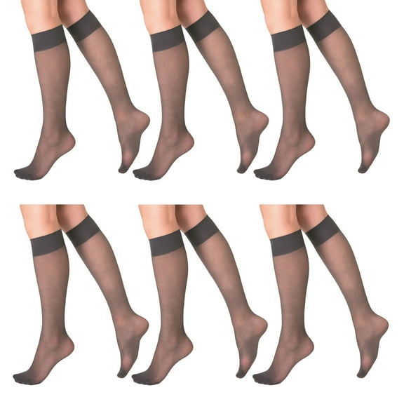 M.O.S Sheer Knee High Socks for Women, 15 Denier, Stay-Up Band, 6 Pairs (Gray)