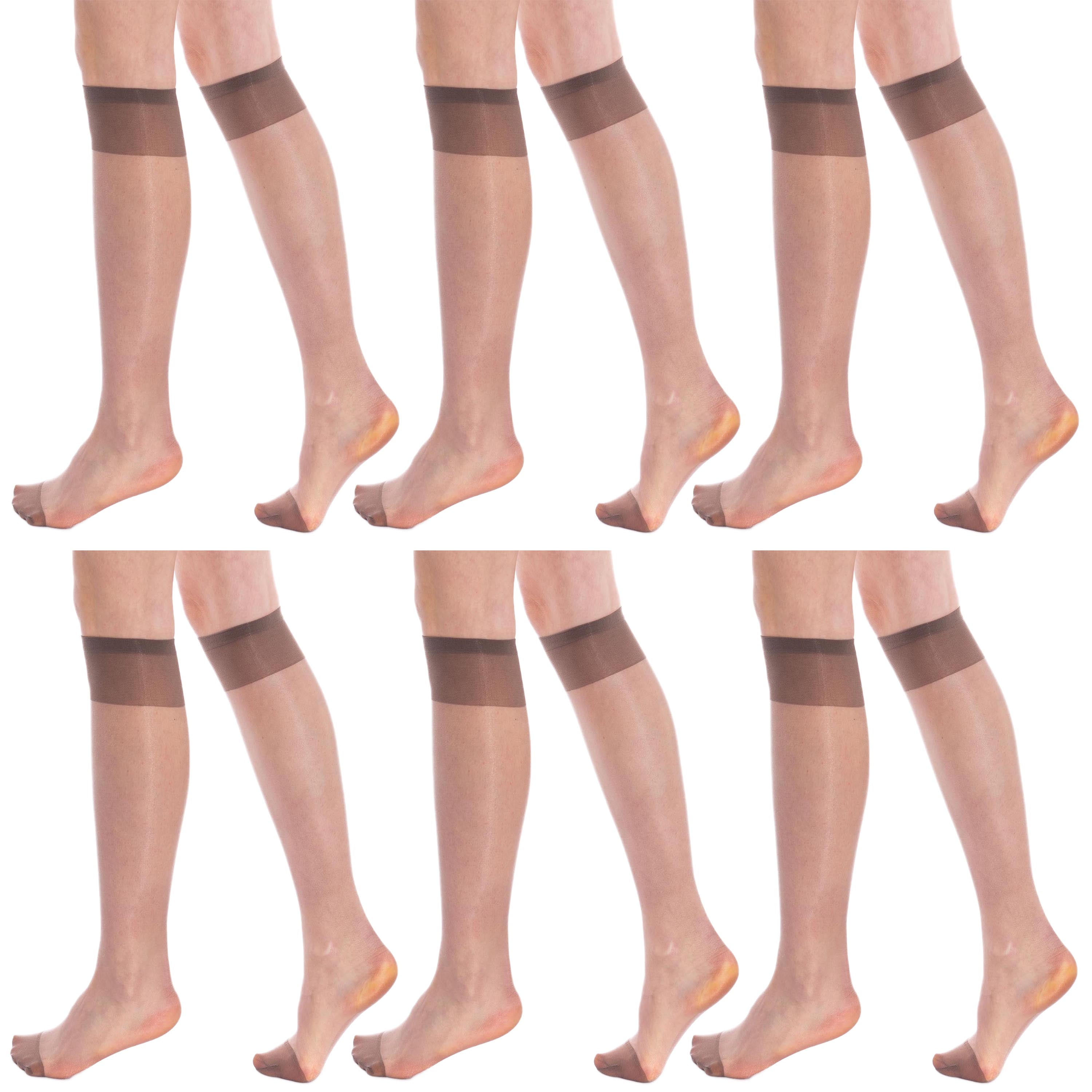 6 Pairs Sheer Knee High Socks for Women 15 Denier Stay up Band Mink