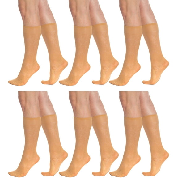 6 Pairs Sheer Knee High Socks for Women 15 Denier Stay up Band (Skin Flower Patterned)