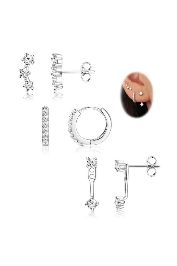 6 Pairs Silver Cartilage Earring Set for Women Plated Cubic Zirconia Hoop Cuff Stud Earrings for Multiple Piercings