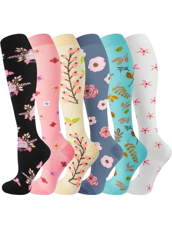 6 Pairs Compression Socks for Women &Man,20-30 mmHg Knee High Compression Socks, Nylon Unisex Compreeion Sport Sock for Nursing,Athletic, Running(S/M)