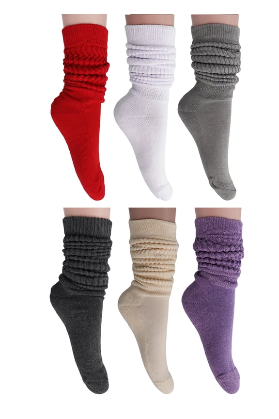 6 Pairs Slouch Knee High Scrunch Socks for Women and Men - (Red-White-Gray-Anthracite-Ecru-Purple)