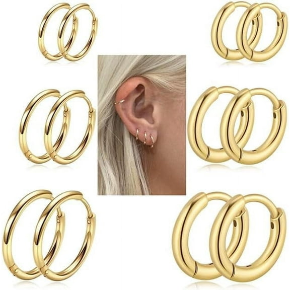 6 Pairs Small Gold Hoop Earrings Set, Huggie Hoop Earrings in 14K Gold Plated Silver, 24/7 Leightweight Cartilage Hoop Earring Surgical Steel Earrings for Women Men Hypoallergenic