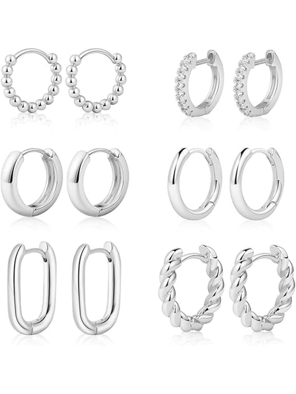 6 Pairs Small Hoop Earrings Set for Women, 14K Gold/Silver Plated Chunky Huggie Hoops, Hypoallergenic Lightweight Click-Top Earrings for Multiple Piercings, Everyday & Gift Jewelry