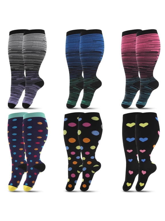 6 Pairs Sports Socks for Women Men Wide Calf High Pressure Stockings Support Socks Knee High Socks for Running, Athletics and Travel, 3XL