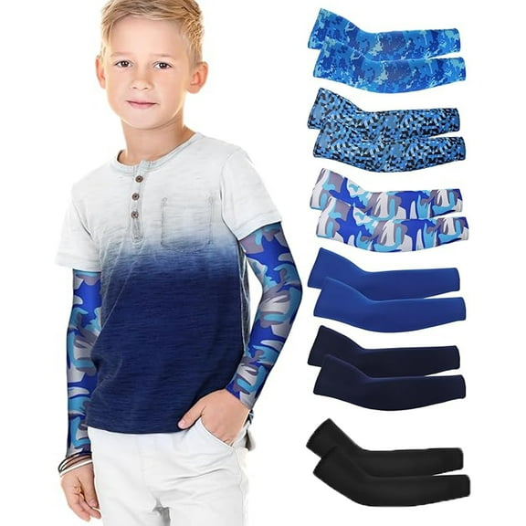 6 Pairs Sports Arm Sleeves for Kids Basketball Baseball Football Arm Sleeves UV Sun Protection Cooling Arm Compression Cover Sleeve for Boys (8-10 Years)