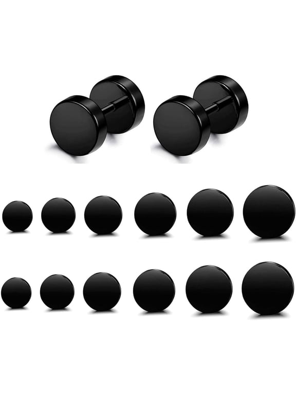 6 Pairs Stainless Steel Black Stud Earrings for Men Women, Hypoallergenic Fake Gauge Ear Tunnel Faux Plugs, 3-8mm Flat Back Screw Earrings Set for Sensitive Ears