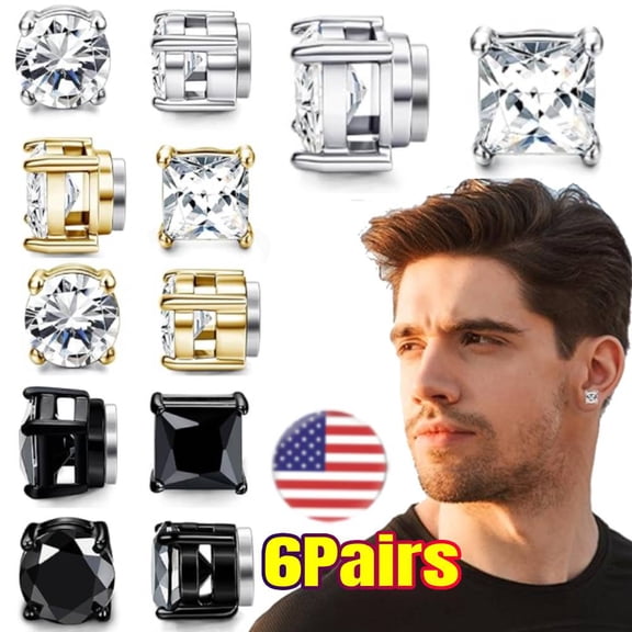 6-Pairs Stainless Steel Magnetic Stud Earrings for Men Clip on Earring Magnetic Earring Non Piercing CZ Magnet Studs Diamond Earrings Unisex