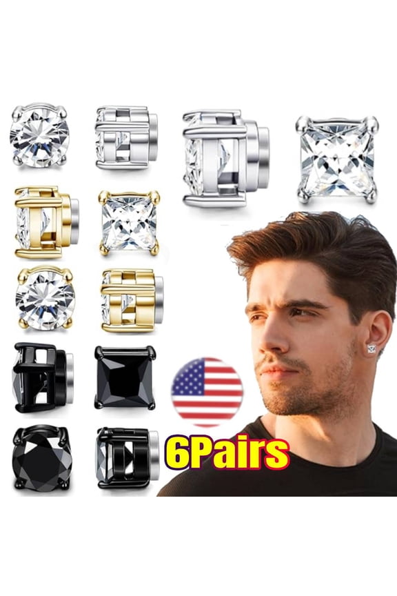 6-Pairs Stainless Steel Magnetic Stud Earrings for Men Clip on Earring Magnetic Earring Non Piercing CZ Magnet Studs Diamond Earrings Unisex