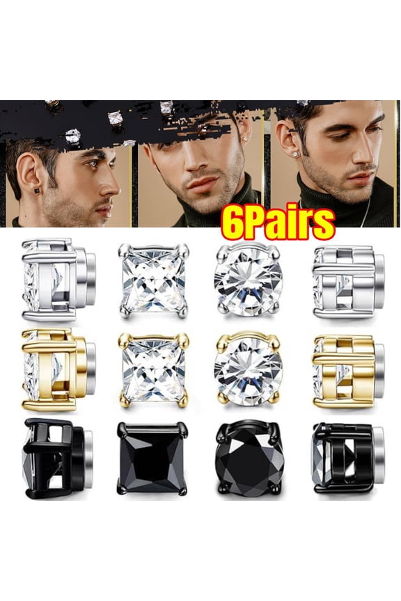 6 Pairs Stainless Steel Magnetic Stud Earrings for Men Clip on Earring Magnetic Earring Unisex Non Piercing CZ Magnet Studs Diamond Earrings