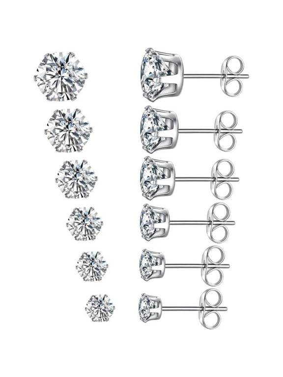 6 Pairs Stainless Steel Stud Earrings Set,Stainless Steel Cubic Zirconia Earring Stud earrings Set(6 Pairs)