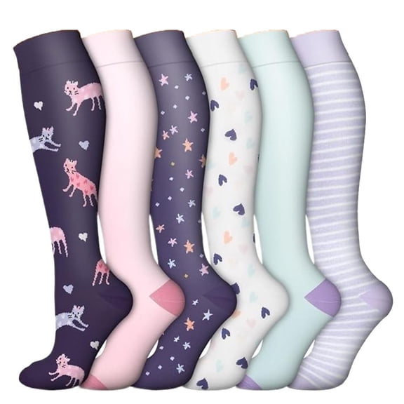 6 Pairs Starry Sky & Cat Pattern Calf Socks, Knit Fabric, Machine Washable, Women'S Ankle Socks