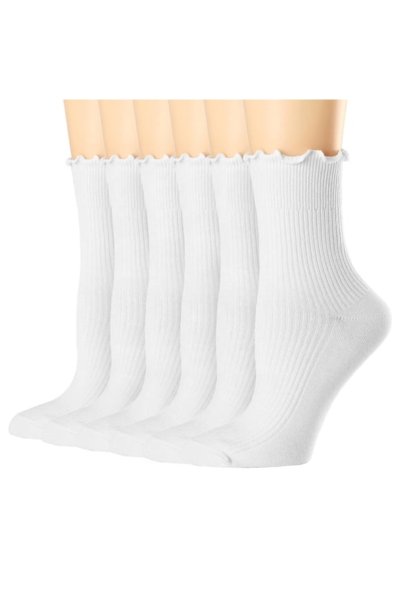 6 Pairs Stretchy Ruffle Turn Cuffs Ankle Socks for Women Girls Soft Ribbed Knitted Cotton Blend Frilly Ankle Socks Gift