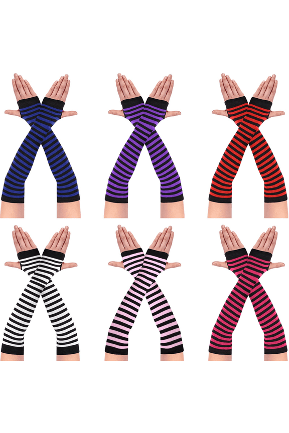 6 Pairs Long Fingerless Gloves for Women Knit Thigh High Striped Arm Warmer Thumb Hole Stretchy Gloves