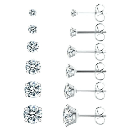 6 Pairs Stud Earrings Hypoallergenic Surgical Steel Cubic Zirconia Earrings