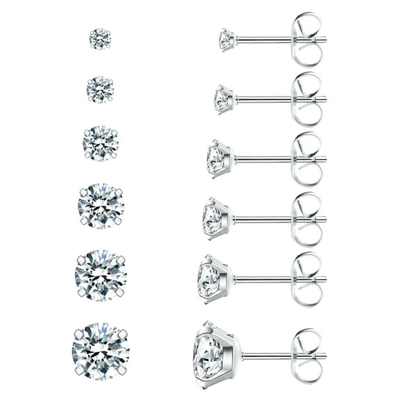 6 Pairs Stud Earrings Hypoallergenic Surgical Steel Cubic Zirconia Earrings