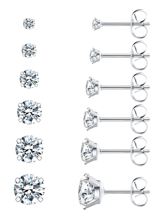 6 Pairs Stud Earrings Hypoallergenic Surgical Steel Cubic Zirconia Earrings