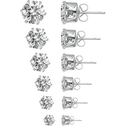 6 Pairs Stud Earrings Set Clear Cubic Zirconia 316L Stainless Steel Earrings for Women Men 3-8mm(White gold)