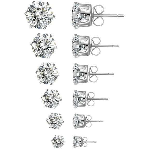 6 Pairs Stud Earrings Set Clear Cubic Zirconia 316L Stainless Steel Earrings for Women for Men 3-8mm