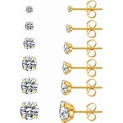 6 Pairs Stud Earrings Set, Hypoallergenic Cubic Zirconia 316L Earrings Stainless Steel CZ Earrings 3-8mm Gold color