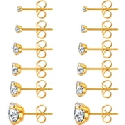 6 Pairs Stud Earrings Set, Hypoallergenic Cubic Zirconia 316L Earrings Stainless Steel CZ Earrings 3-8mm Gold color