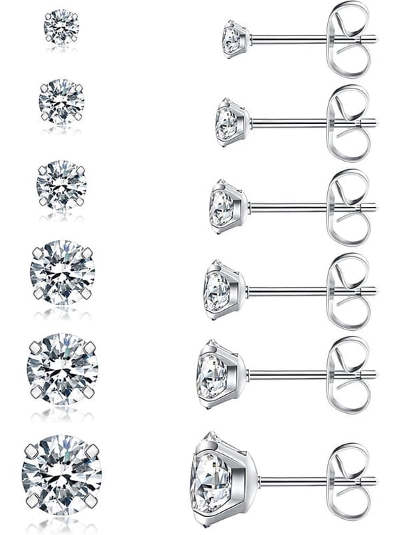 6 Pairs Stud Earrings Set, Hypoallergenic Cubic Zirconia 316L Earrings Stainless Steel CZ Earrings 3-8mm (Silver color)